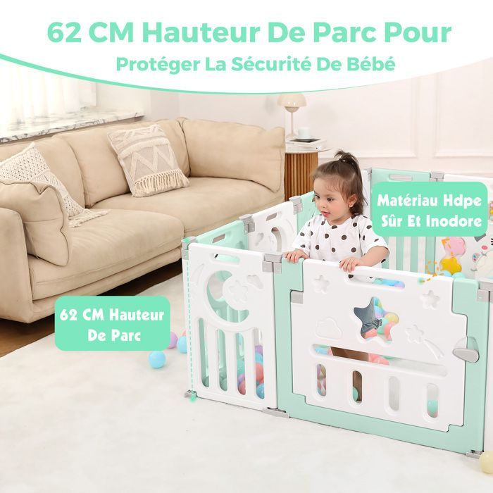 Parque infantil para bebés - XL - Verde - Plástico ecológico - De 0 a 3 años - 14 paneles - 150 × 150 cm - Plegable