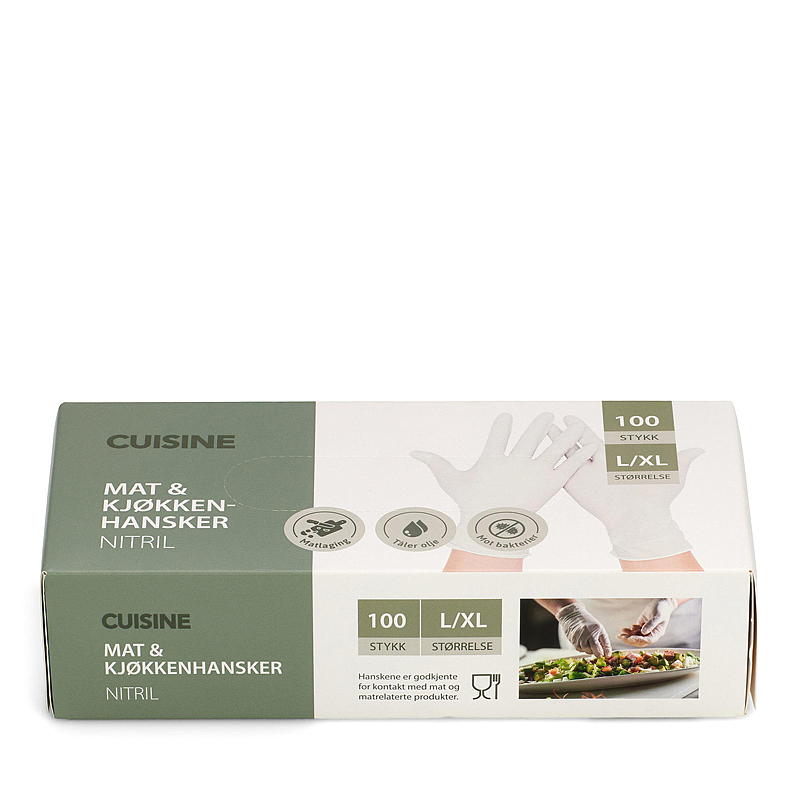 Cuisine engangshandsker 100-pak størrelse L/XL nitril hvid