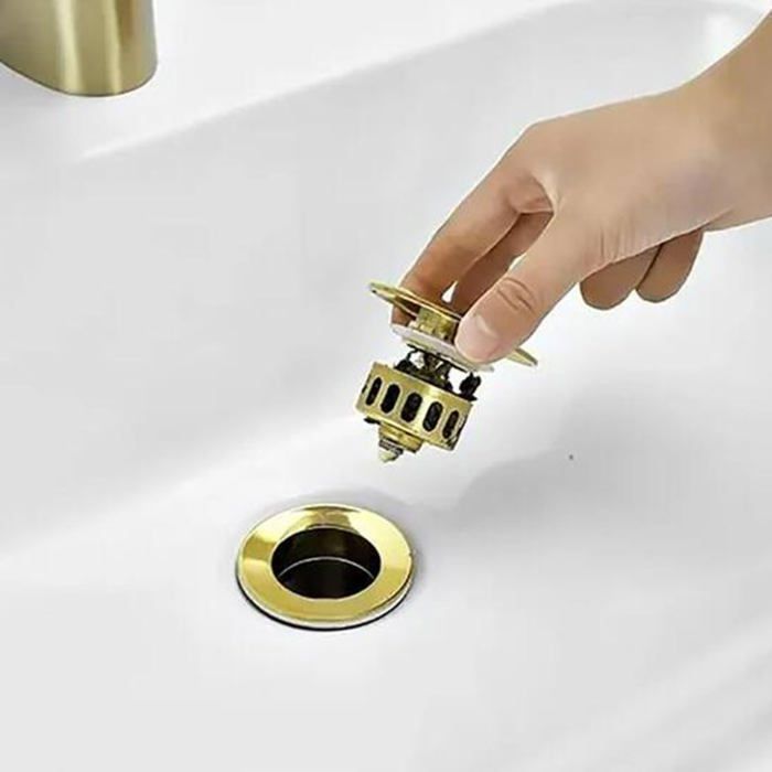 Tapón de desagüe para fregadero - Dorado - Antidesbordamiento - Cesta filtrante - Latón