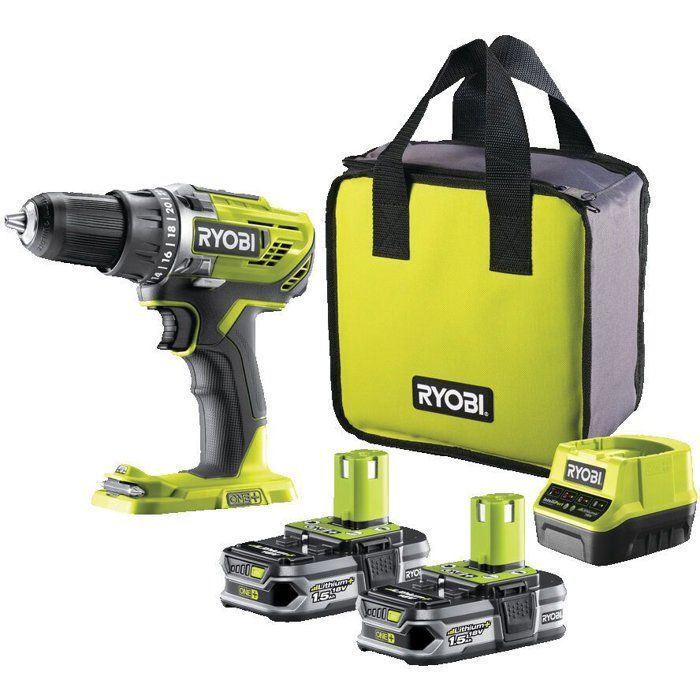 Taladro/atornillador inalámbrico - RYOBI - R18DD3-215S - 18V - 2 baterías de 1,5 Ah + cargador + bolsa de transporte