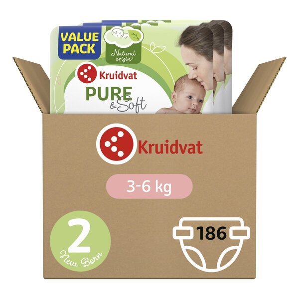 Kruidvat Pure & Soft pelene za novorođenčad, veličina 2, volumen kutije, veličina 2 (3-6 kg), 186 komada