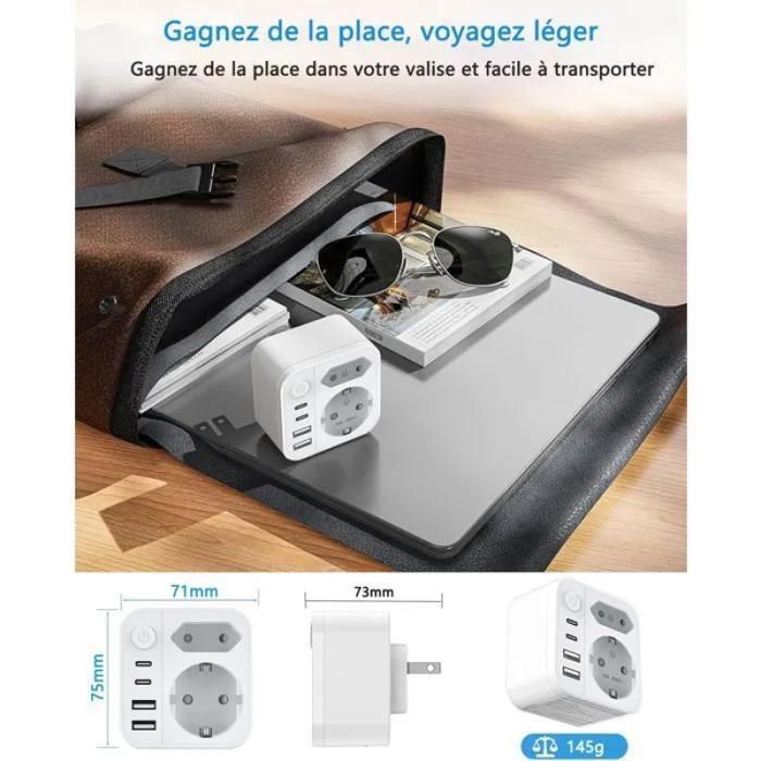 Enchufe de viaje internacional - Conector de viaje de Francia a Japón con 4 puertos USB - Adaptador de viaje