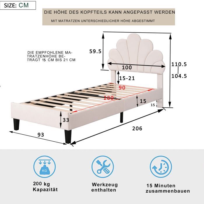Cama de solteiro 90x200, estrutura de cama com cabeceira em formato de flor e estrado de ripas, cama infantil estofada, veludo, bege