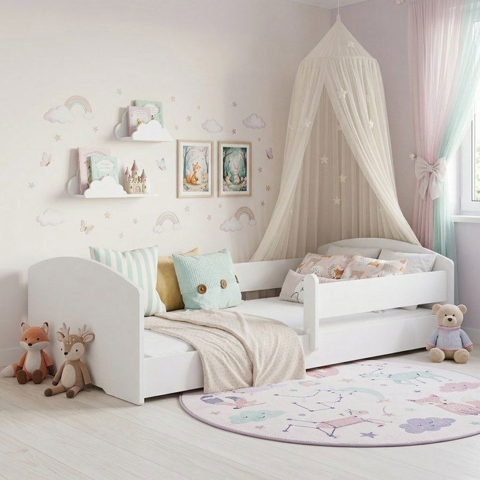 Cama infantil Montessori LEO de 160x80 cm con barandilla y colchón – Cama baja para niños, color blanco.