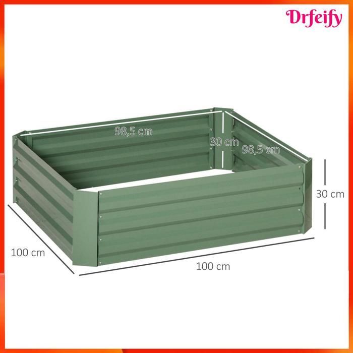 8147 Juego de 2 jardineras elevadas, dimensiones 100 cm de largo x 100 cm de ancho x 30 cm de alto - chapa de acero corrugado verde