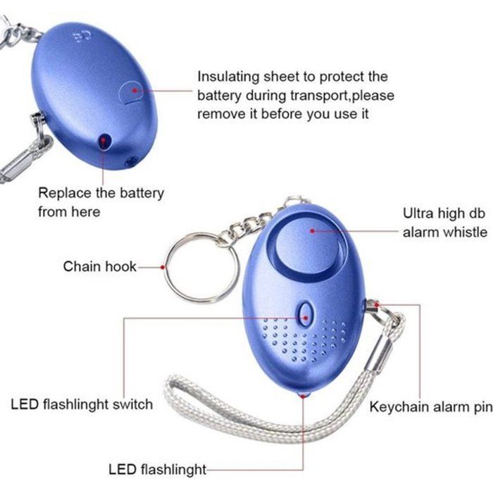 Paquete de 4 - Alarma de bolsillo personal - 130 dB - con linterna LED - Alarma de pánico - Llavero con alarma - Alarma de seguridad -
