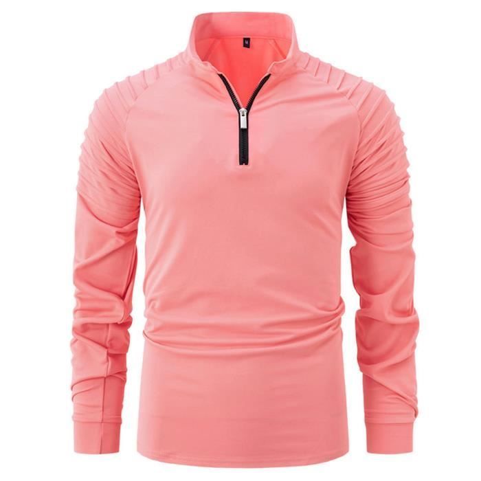 Polo da uomo a maniche lunghe con colletto a zip, vestibilità slim casual, tinta unita, comoda - Taglia UE - Rosa