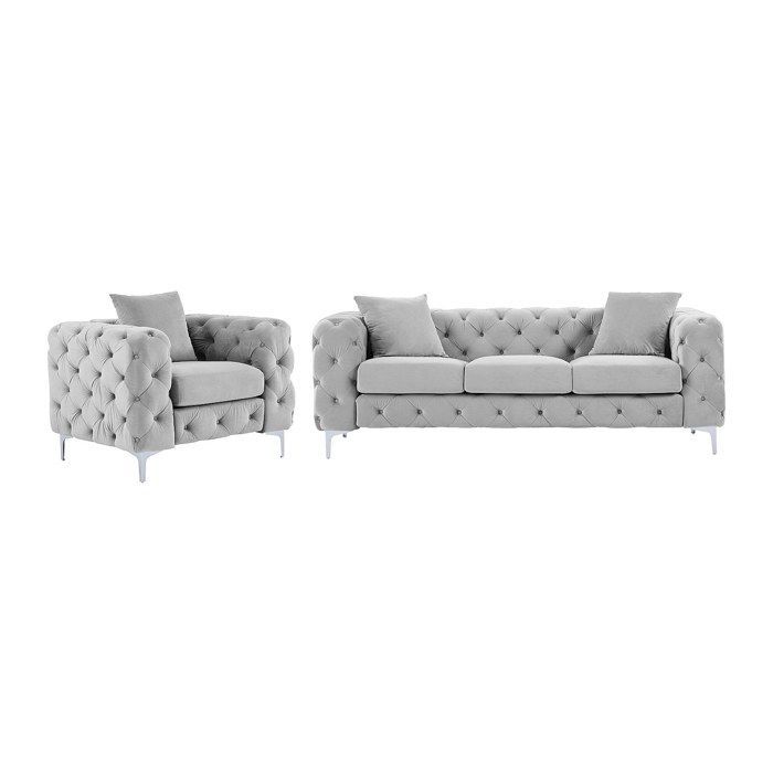 Sofá de 3 plazas y sillón EDWINA en terciopelo gris claro.