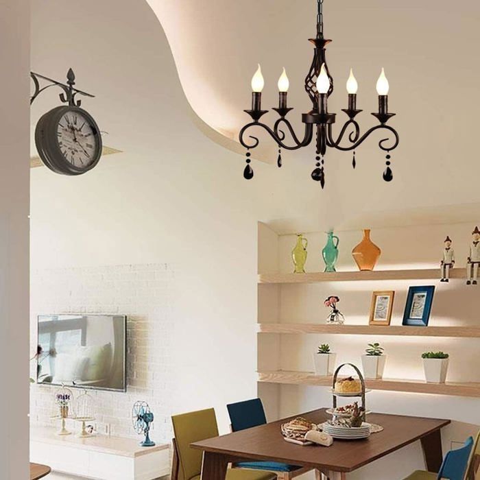 Ganeed Kronleuchter, Vintage-Industrie-Kronleuchter im französischen Landhausstil mit schwarzem Kristall, 5-flammig, für Esszimmer, E14-Fassung