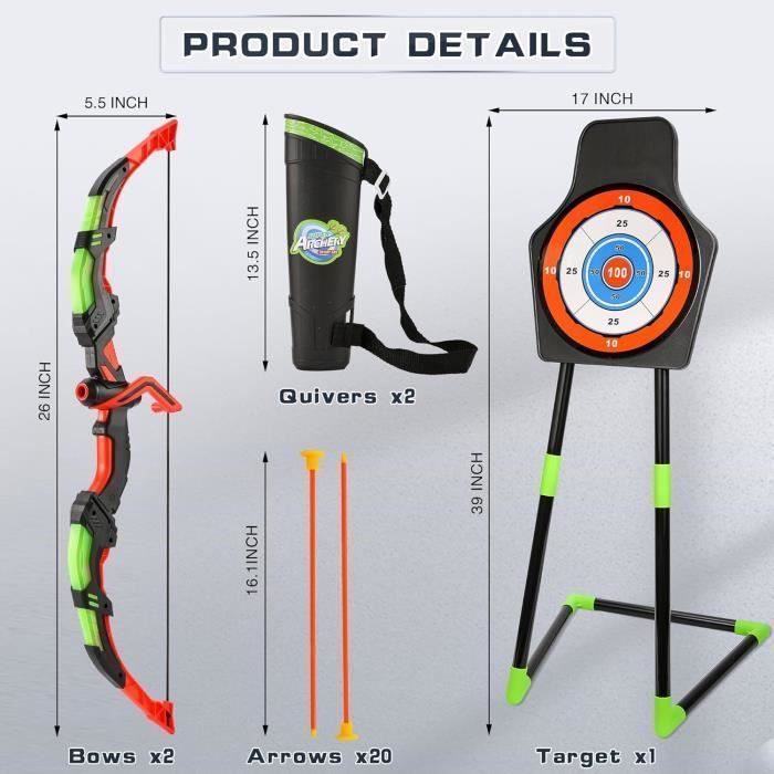 Juego de arco y flechas para niños con luces LED, 20 flechas con ventosa, diana con carcaj de hombro y correas.