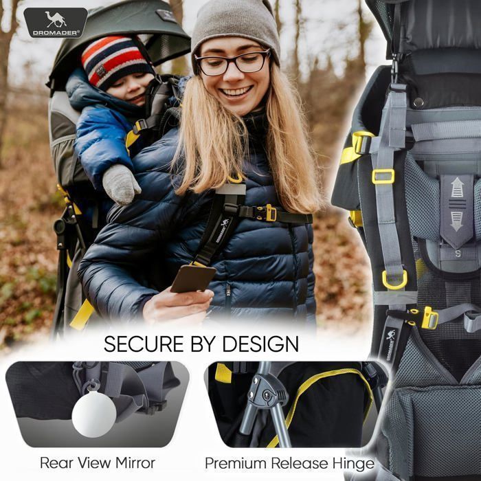 Portabebés DRAMADER para senderismo - Cómodo hasta 22 kg - Mochila con bolsillo isotérmico, funda para el sol y la lluvia - Negro y amarillo