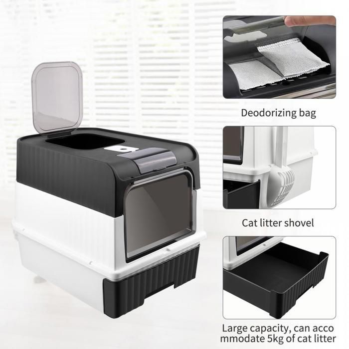 Arenero MIPAN negro - Casa de baño plegable grande para gatos - Bandeja con cajón y pala para arena - 49 x 37 x 35 cm