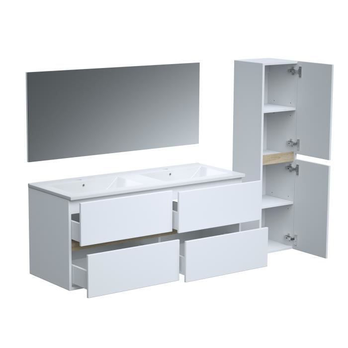 White bathroom furniture set - Double sink (120cm) - Mirror - Tall cabinet - TOTEM