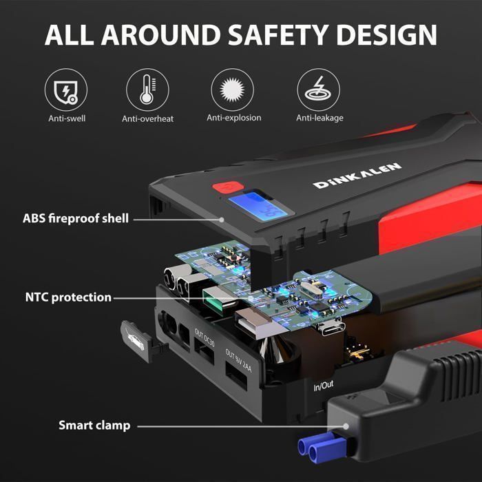 Arrancador de batería DINKALEN 12800 mAh - Arranque rápido de 1500 A - Cargador USB - Linterna LED de 3 modos