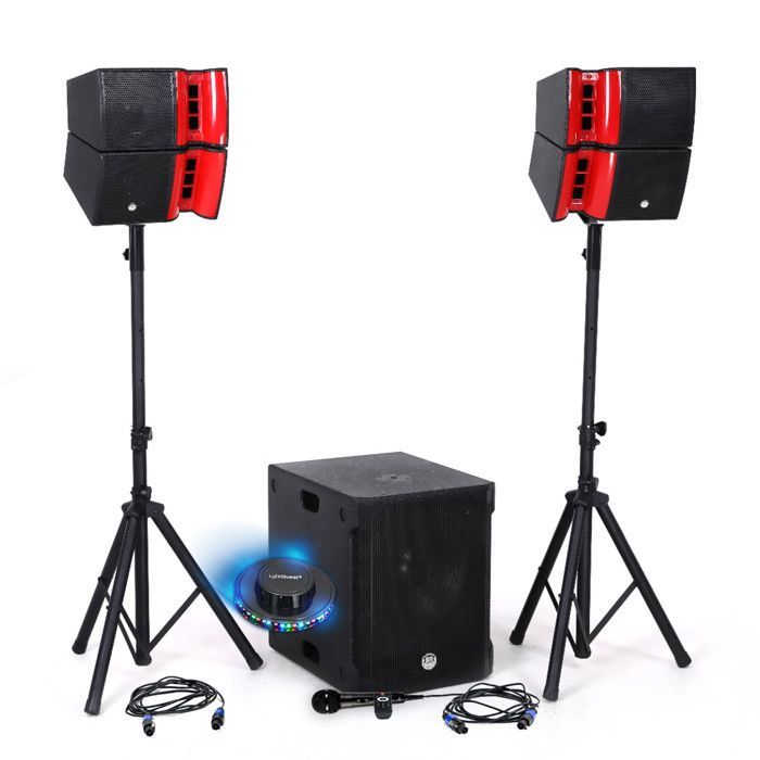 Kit audio completo per DJ BM SONIC BMS15-HORN con altoparlanti satellite da 1200 W, SUB da 38 cm, USB/Bluetooth, supporti per cavi e luce UFO.