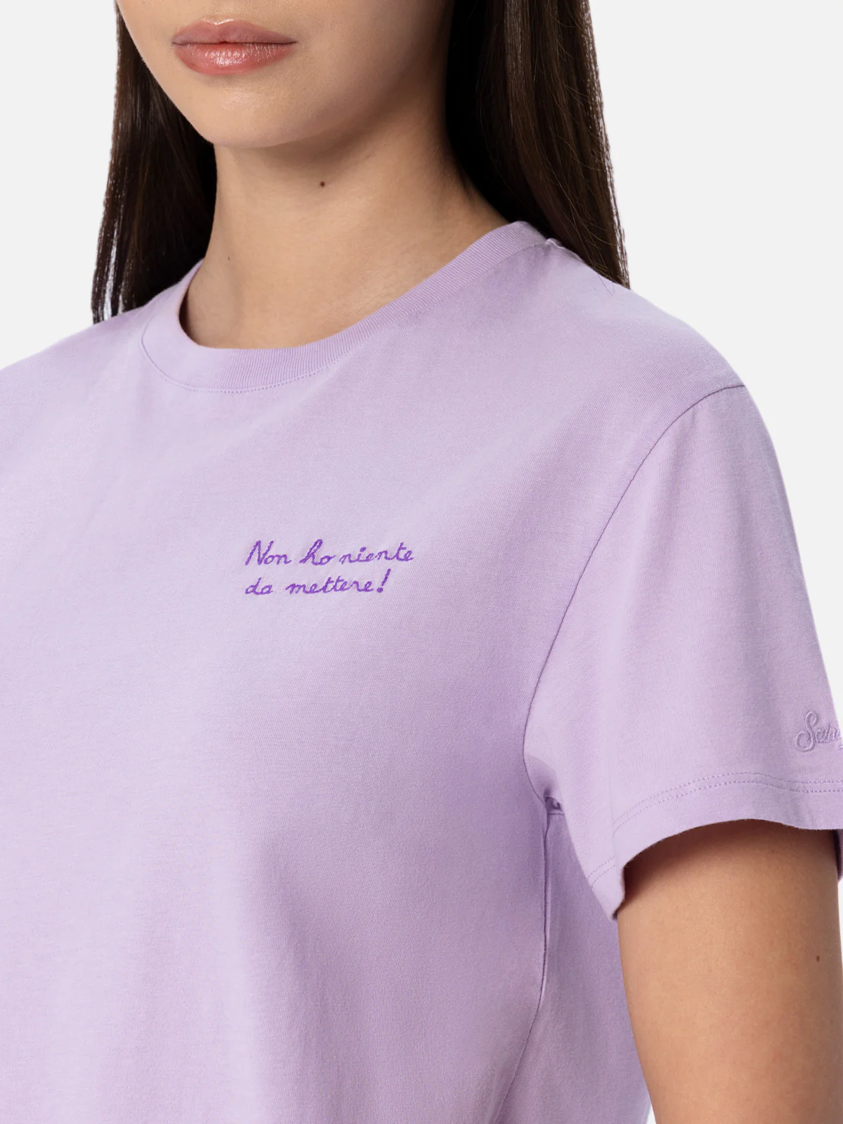 Emilie dames T-shirt met ronde hals, lila katoenjersey, met borduurwerk