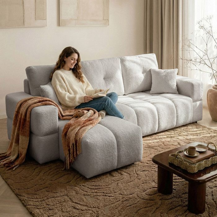 Canapé d'angle Réversible BUENO - 3 places - Canape Convertible avec Coffre - Tissu Agréable au Toucher - Gris clair