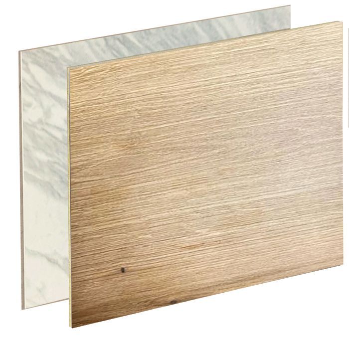 Reversible HPL laminate kitchen splashback, white marble/light oak, 3000 x 640 x 13.4 mm, FSC certified, FORESTEA certified. Dimensions: 3000 mm x 640 mm