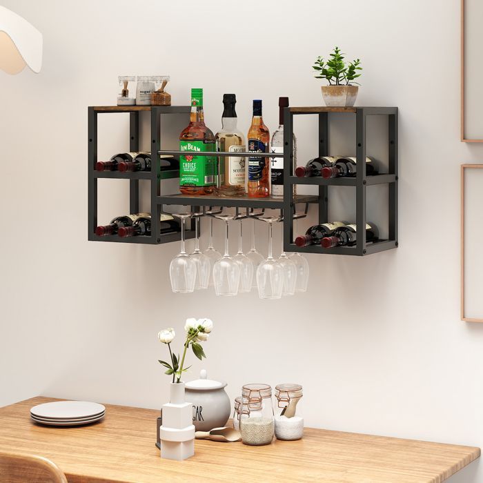 COSTWAY Wall-Mounted Wine Rack, Bottle Holder with 3-Tier Glass Rack, Open Shelves, Wall-Mounted Bottle Rack