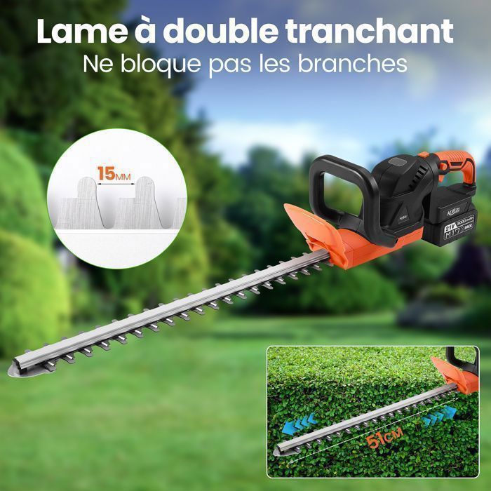 Hedge trimmer with 2 rechargeable 3Ah batteries, 51cm double-edged blade, 15mm blade gap, rotating handle, brushless motor