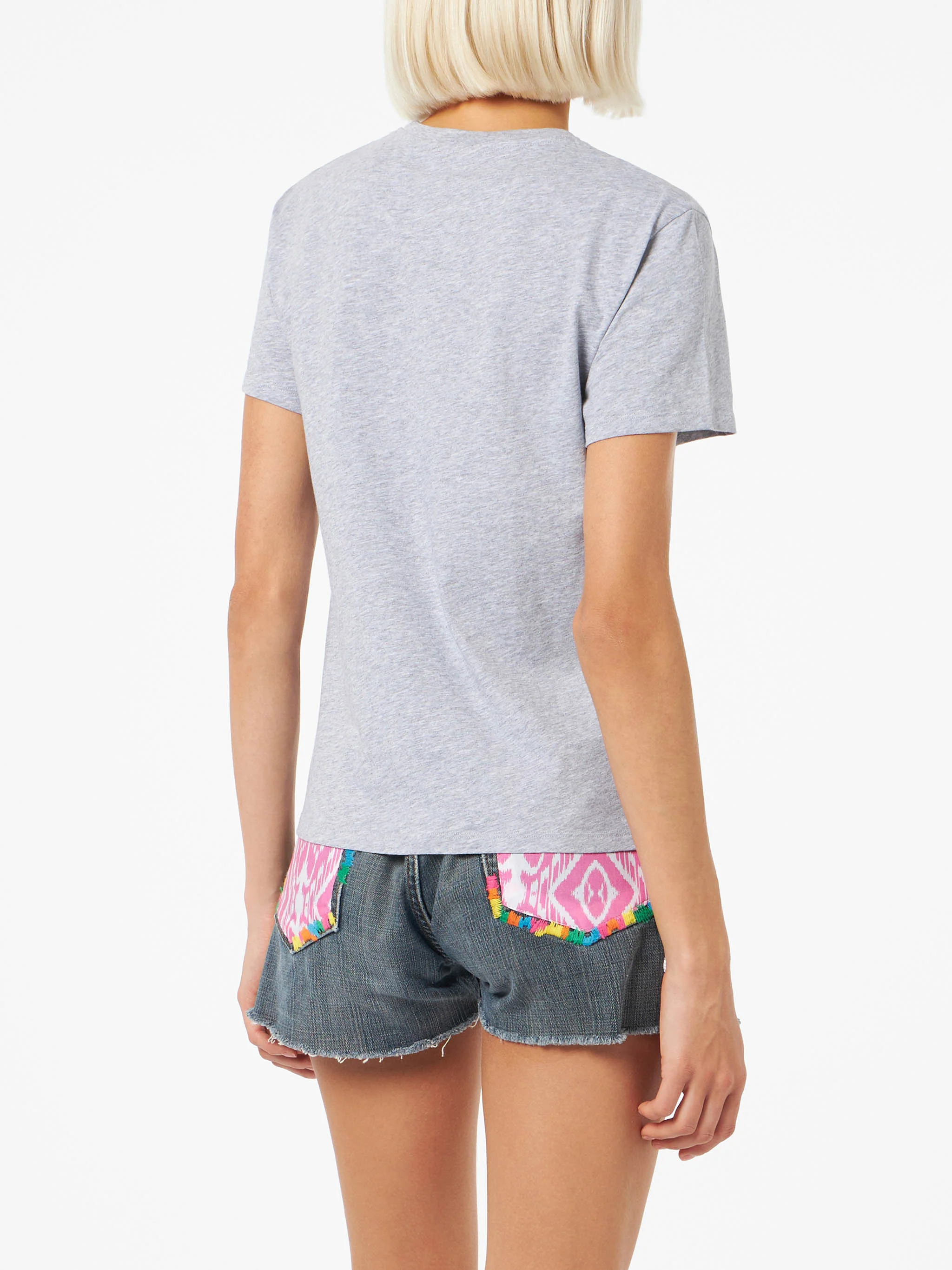 Emilie dames T-shirt met ronde hals van katoenen jersey met La Ve-borduurwerk.