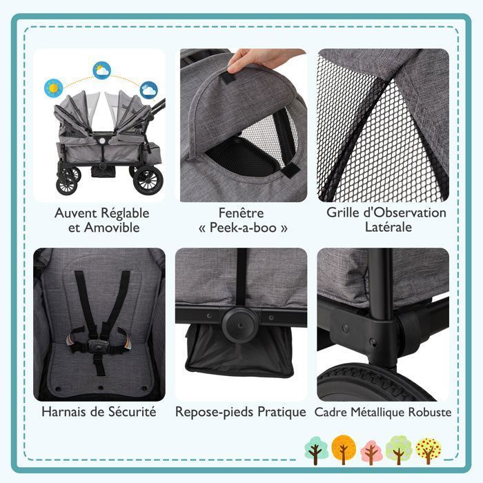 Cochecito doble plegable COSTWAY - Manillar ajustable - 2 capotas extraíbles - Ventana con solapa - Bandeja para comida de 30 kg - Gris