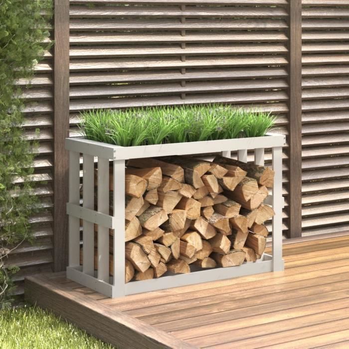 vidaXL Leñero de exterior blanco 108x52x74 cm Madera maciza de pino 822632