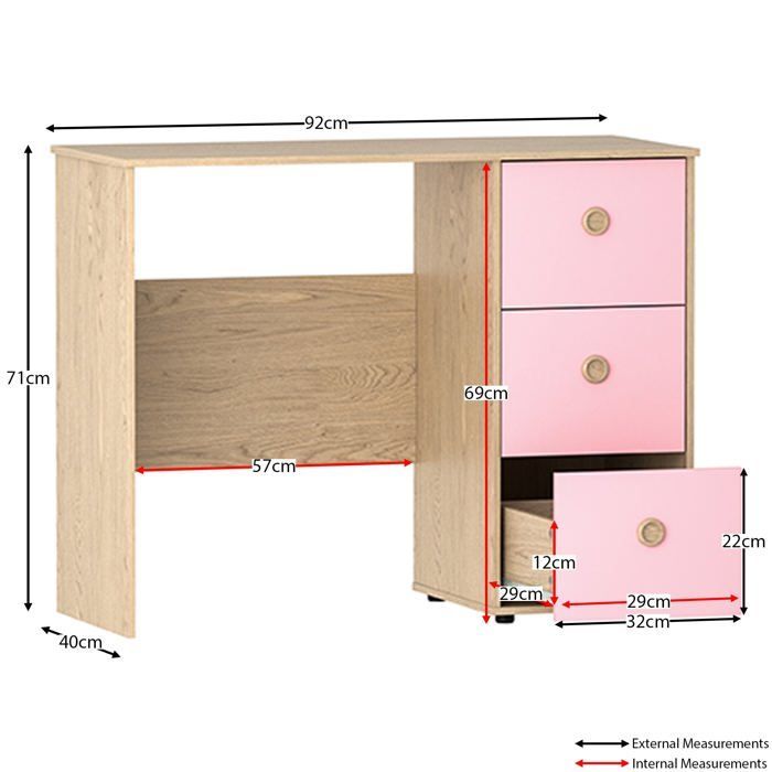 Bureau 3 tiroirs Neptune Rose & Chêne Table d’ordinateur / Coiffeuse PC/Portable Bureau d’étude à domicile Meuble pour enfants