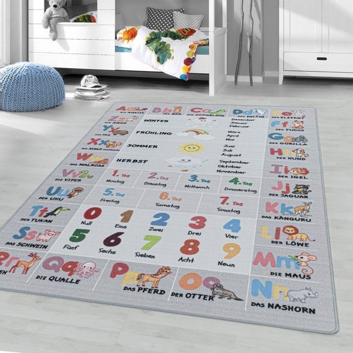 Tapis pour enfant - AYYILDIZ - Alphabet - Lettres - Chiffres - Motifs animaux - Gris - 100% Polyamide - Dos en latex