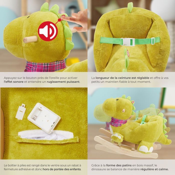 Rocking Toy - TECTAKE - Rocking Dinosaur with Plush Cover, Ages 12 Months+, 35 x 70 x 50 cm - Green