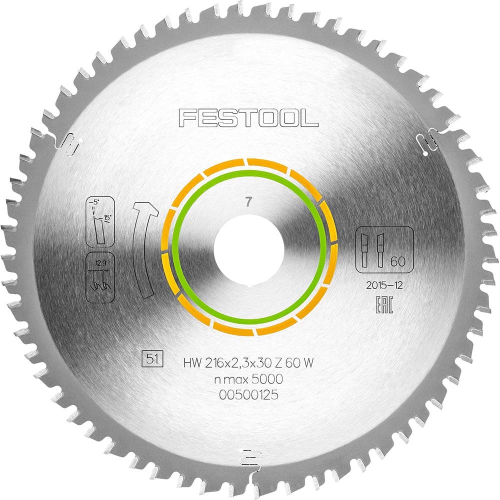 FESTOOL 216 mm 60-Zahn-Hartmetall-Sägeblatt zum Schneiden furnierter Platten