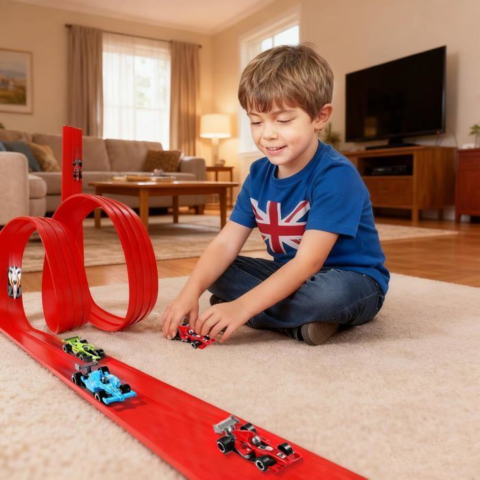 Pista de corrida flexível de 5 metros para crianças, com inércia, 4 carrinhos e 12 ventosas. Ideal para crianças a partir de 3 anos.
