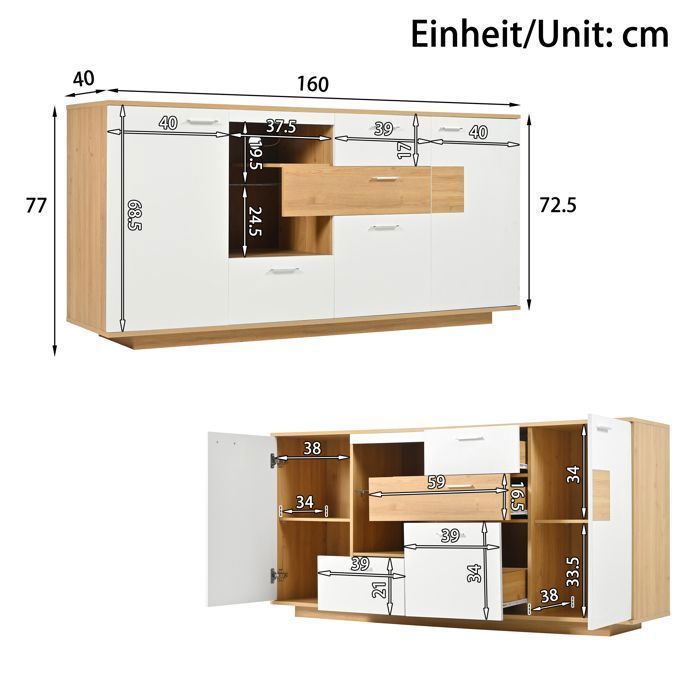 Modernes LED-Buffet 160 x 40 x 77 cm mit 16-farbiger RGB-Beleuchtung, 2 Türen und 4 Schubladen, verstellbare Einlegeböden – Weiß, Holzoptik