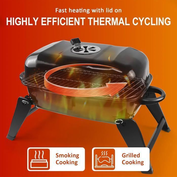 Barbecue Charbon de Bois Pliable - SunJas - avec Couvercle Grille BBQ Party Portable pour Balcon Camping - en Émail Noir