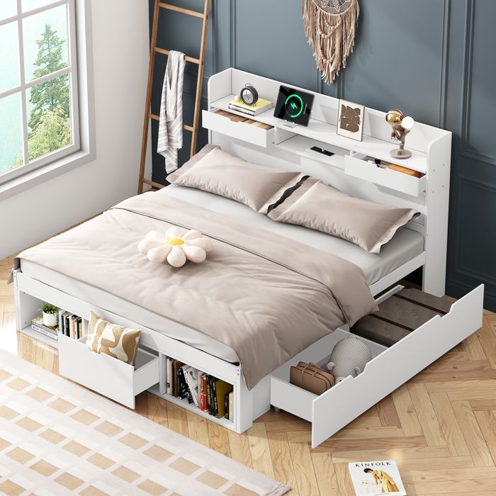 Lit adulte 180x200 cm blanc multifonction en pin, ports USB et Type-C, tiroirs et étagères de rangement