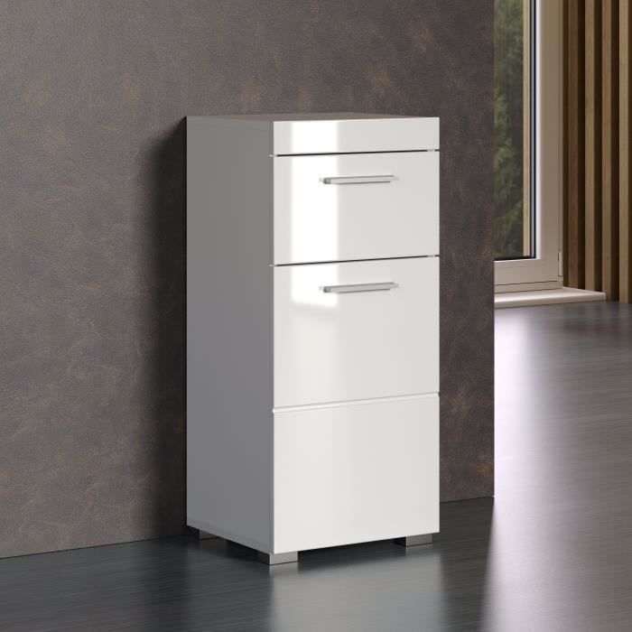Meuble de salle de bain Rangement bas - 1 porte & 1 tiroir - Blanc - L 37 x P 31 x H 79 cm - AMANDA