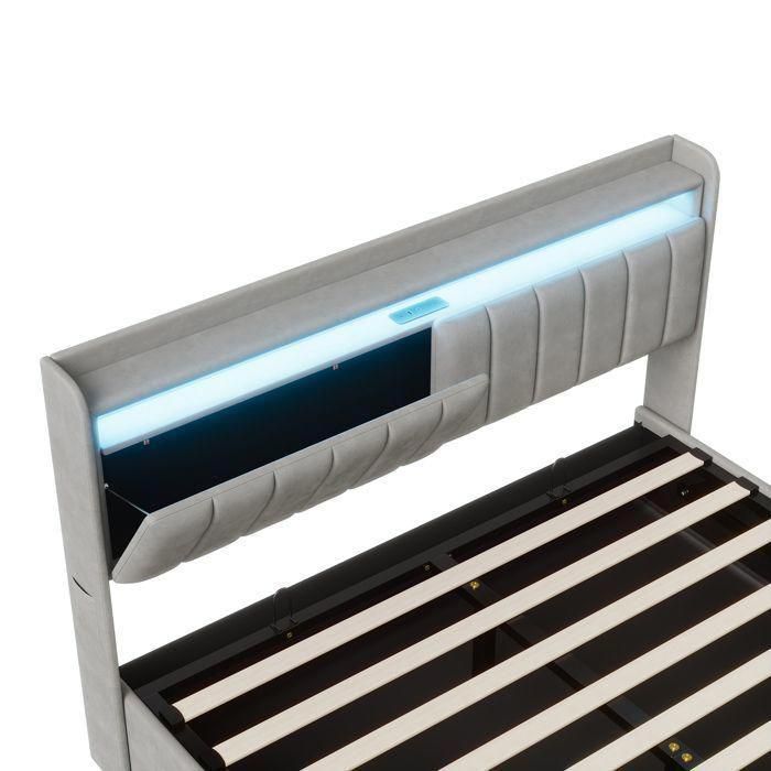 Cama con almacenamiento de 160 x 200 cm, cama de 160 x 200 cm con somier de láminas, estructura de cama, con iluminación LED, almacenamiento hidráulico, con cabecero, gris, terciopelo