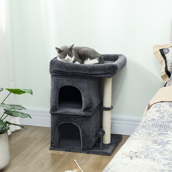 Cat tree - PawHut - large platform, 2 hideaways and plush ball, sisal scratching posts - 45 x 40 x 66 cm - dark grey