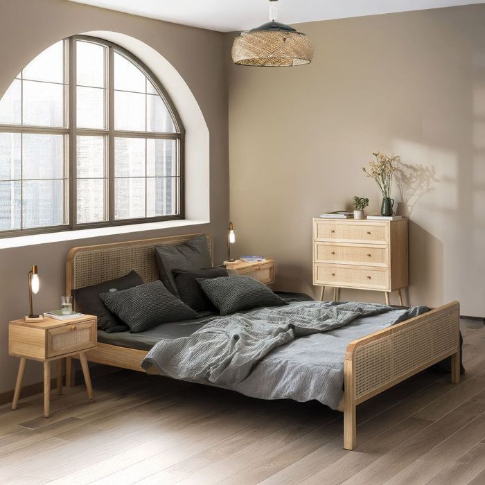Chambre complète lit cannage avec commode et 2 chevets bois naturel 140x190 ANNA - Bois naturel - Terre de Nuit