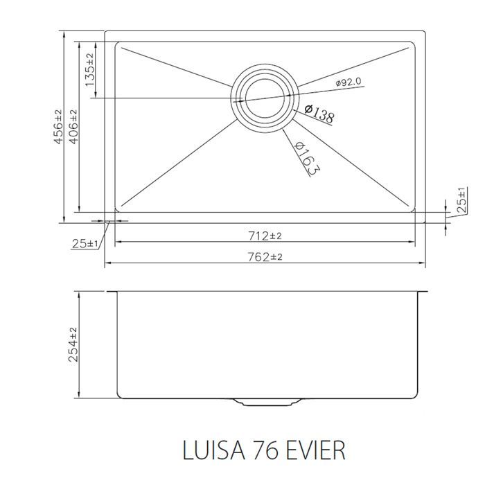 Luisa Évier 1 grande cuve seule en inox - 76x45 - Or brossé - Essebagno