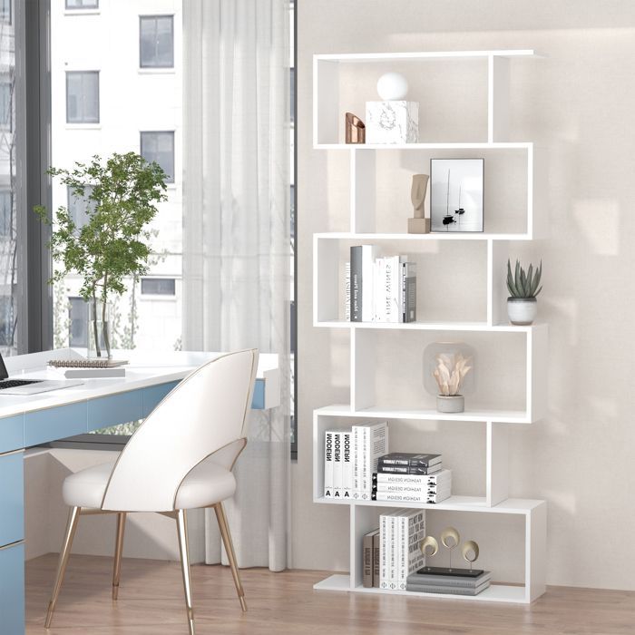 Estantería - HOMCOM - Estantería contemporánea con diseño en zigzag de 6 niveles para almacenamiento en sala de estar u oficina - madera - 80x23x192cm - blanco