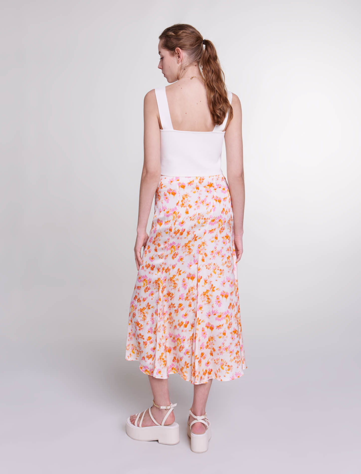 Satijnen rok met bloemenprint-imprimé printemps fleur oranje
