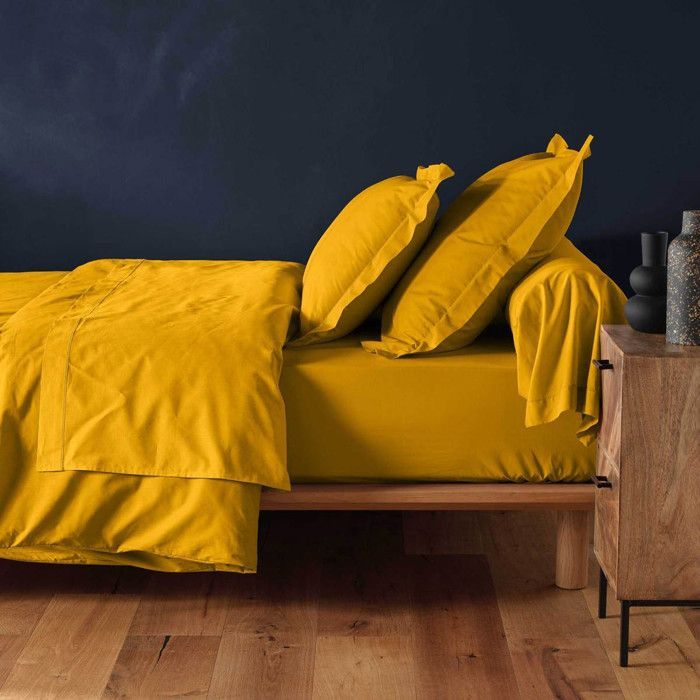 Sábana bajera ajustable de 180x200 cm - Bolsillo profundo de 30 cm - 100% algodón - Amarilla