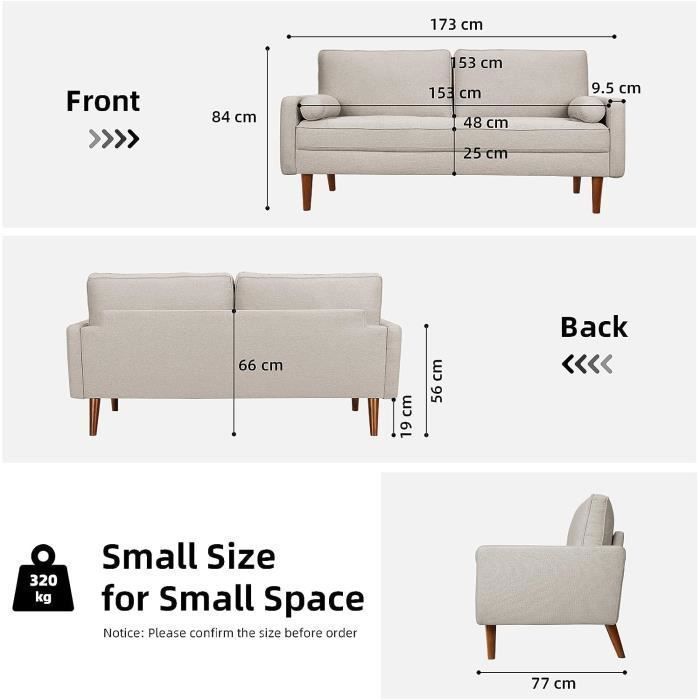 DRIPEX Canapé 3 Places Style Contemporain en Tissu Beige avec 2 coussins ,pieds bois massif ,Fauteuil Moderne 77x173x84cm