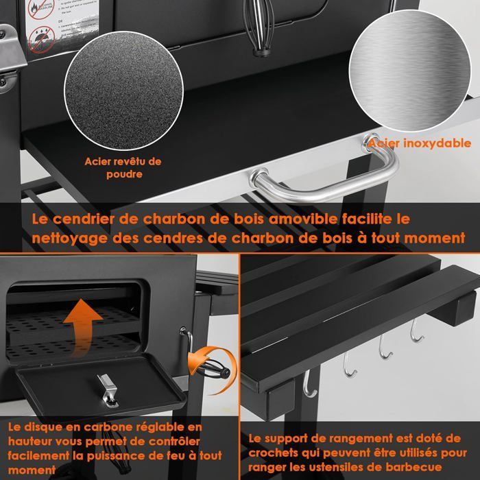 Zwarte houtskoolbarbecue, XL, met deksel, grillrooster, wielen en thermometer, rookbarbecue, 116,3 x 106 x 56 cm
