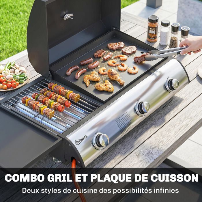 Tabletop gas barbecue - Outsunny - combination grill and griddle with lid and thermometer - stainless steel - 77x47x27cm - black