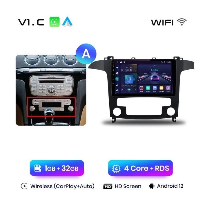 Radio para coche Ford S-Max, control por voz con IA, CarPlay y 4G, V1 C (1 GB 32 GB) A