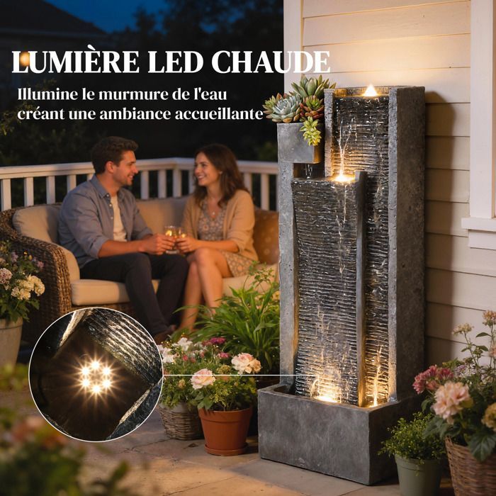 Fuente de jardín exterior, cascada de 3 niveles, moderna jardinera iluminada y pared de agua con 24 LED, 101 cm, gris.