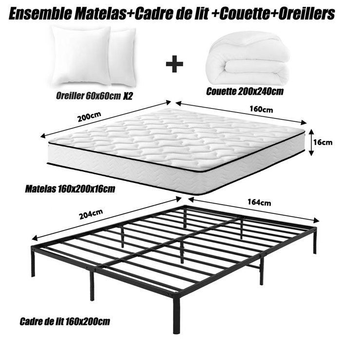 Ensemble Matelas et Sommier et Couette et Oreiller - Matelas 160x200x16 - Cadre de lit 160x200 - Couette 200x240 - 2Oreillers 60x60