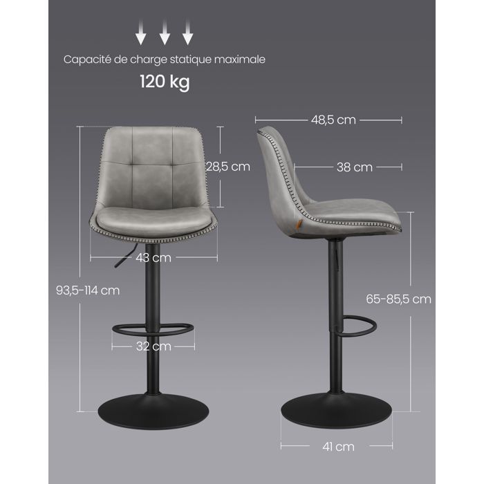 VASAGLE Tabourets de Bar, Lot de 4, Siège Pivotant à Hauteur Réglable, Matelassé, en PU, avec Dossier et Repose-Pieds, Gris